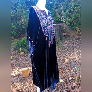 Johnny Was M Blue Velvet Embroidered Kaftan Dress Boho Festival Aztec